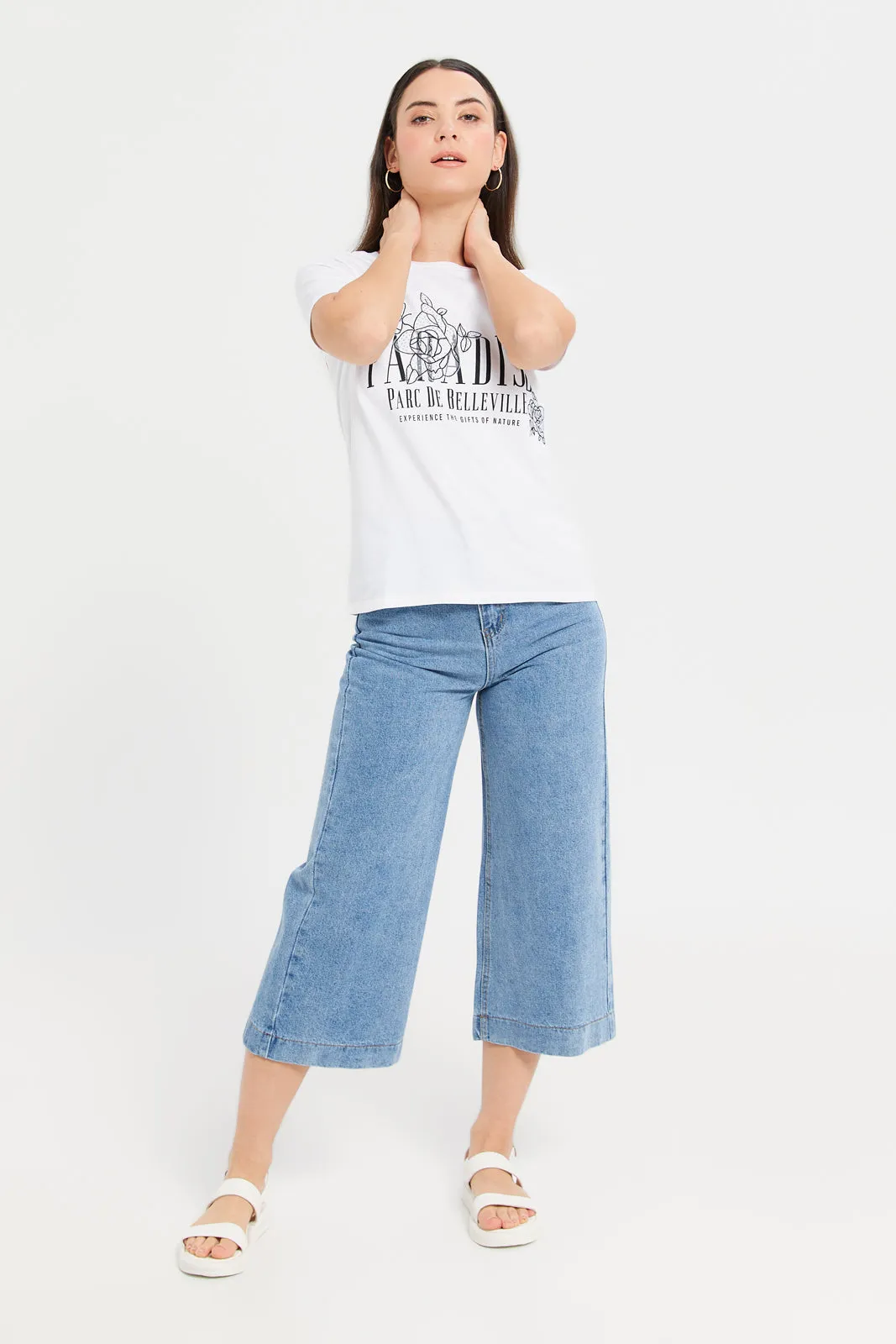 Women White Lace Embellished T-Shirt