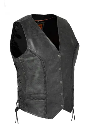 Women's Long Gray Motorcycle Vest with Braid