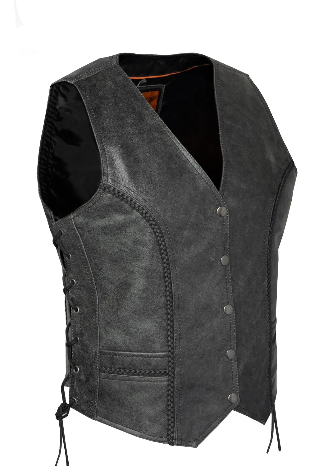 Women's Long Gray Motorcycle Vest with Braid