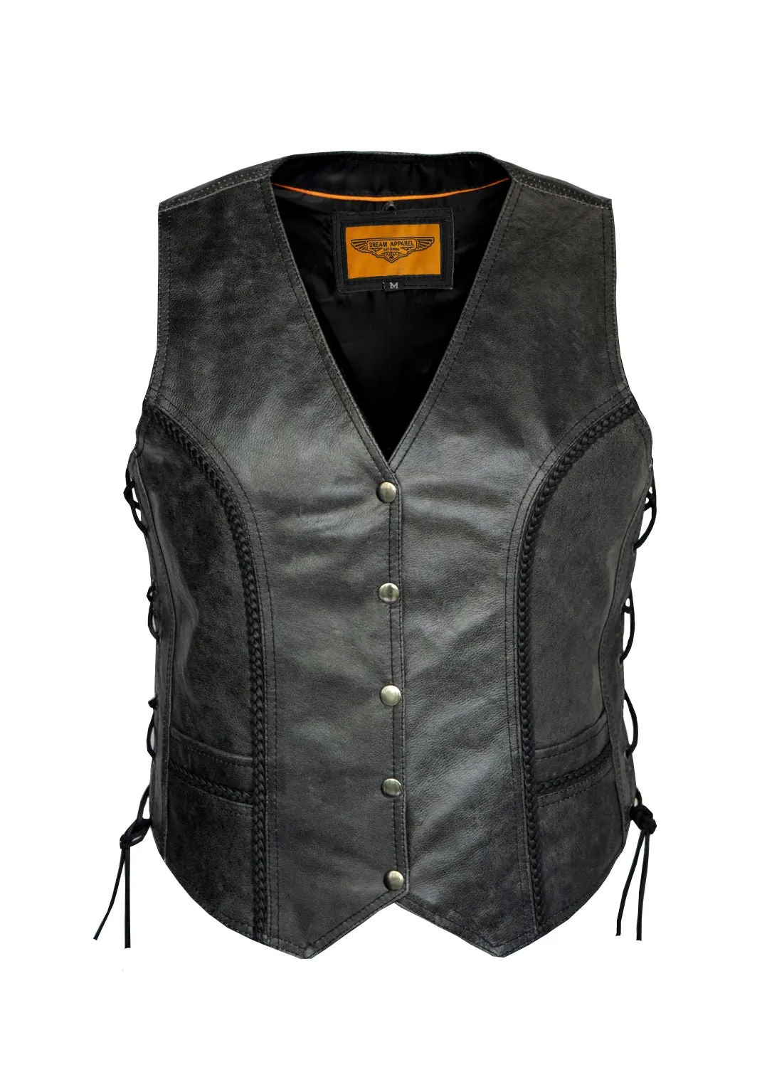 Women's Long Gray Motorcycle Vest with Braid