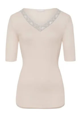 Woolen Lace Lace Trim V-Neck Wool And Silk Top | Pumice 70972-2801