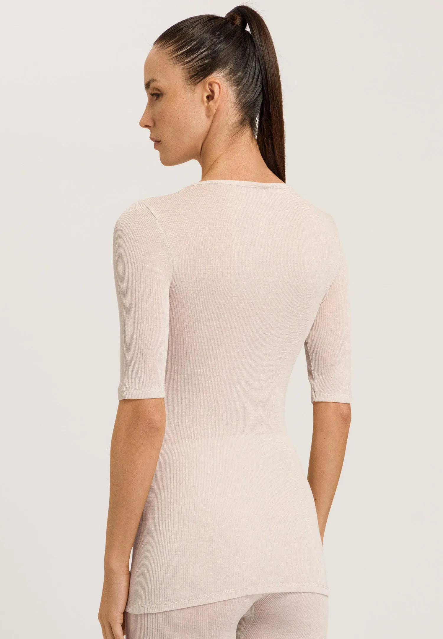 Woolen Lace Lace Trim V-Neck Wool And Silk Top | Pumice 70972-2801
