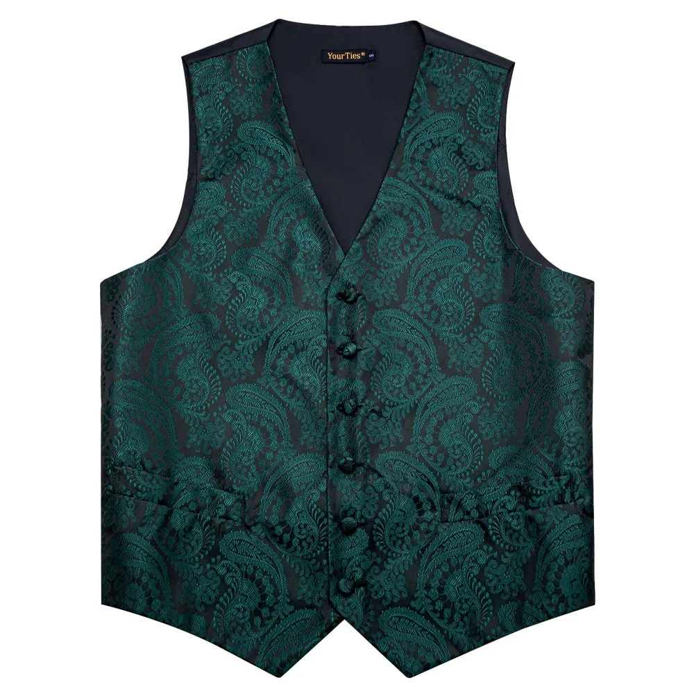 YourTies  Black Green Paisley Wedding Waistcoat Silk V-Neck Vest Necktie Set